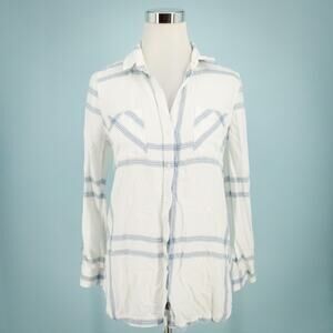 Barbour Size 4 White Blue Plaid Print Collared Button Linen Blend Top Blouse